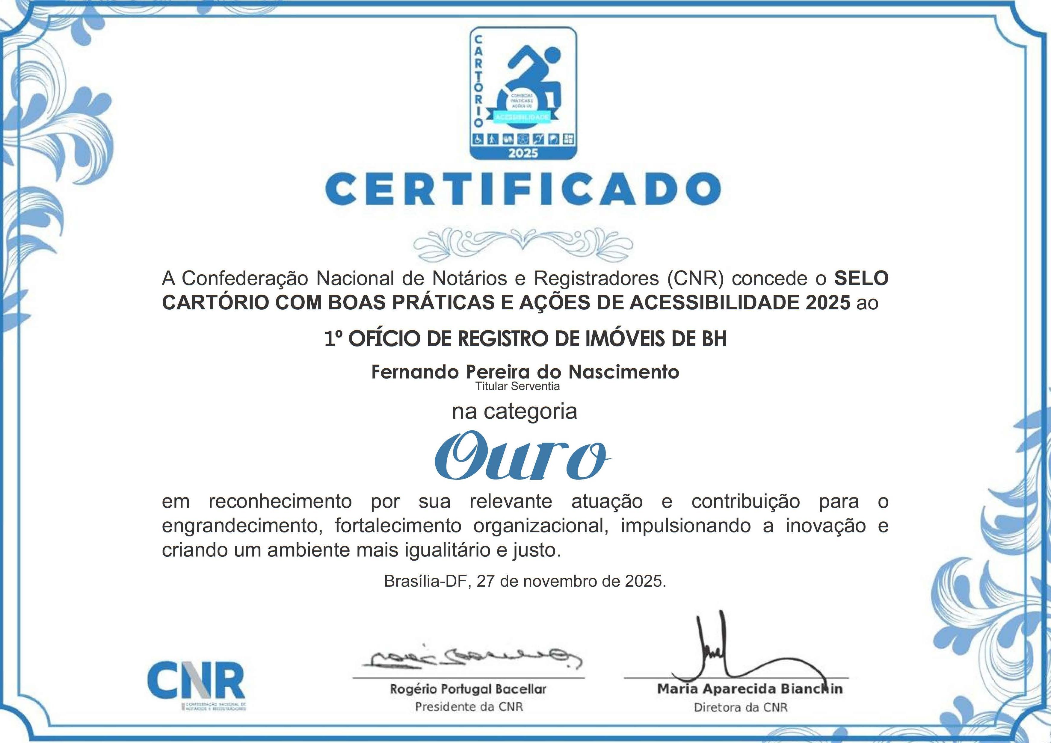 Selo Cartório com Boas Práticas e Ações de Acessibilidade - Categoria Ouro